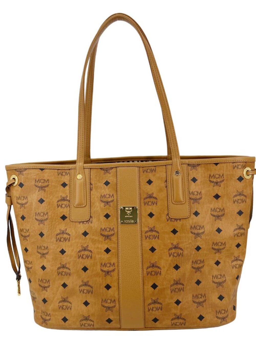 MCM Reversible Liz Medium Visetos Canvas Shopper Tote Bag Cognac